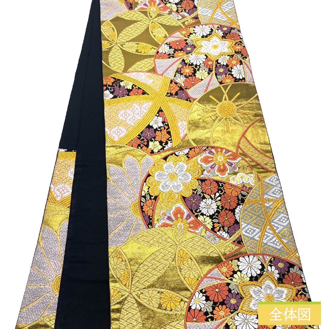 袋帯 正絹 振袖用 毬 花唐草 七宝 帯丈448cm Sランク 六通 フォーマル 金系 1123013672321