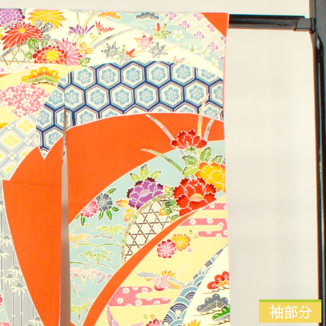 振袖 正絹 身丈151cm 裄丈62cm 袷 黄丹色 京紅型 吉祥文様 Aランク 橙系 1113001913226