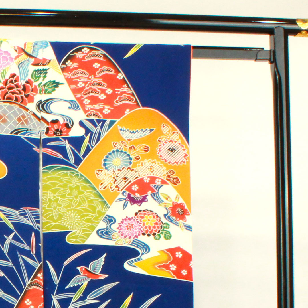 振袖 身丈160cm 裄丈65cm 袷 瑠璃色 京紅型 吉祥文様 正絹 Aランク 紺系 1113001753418
