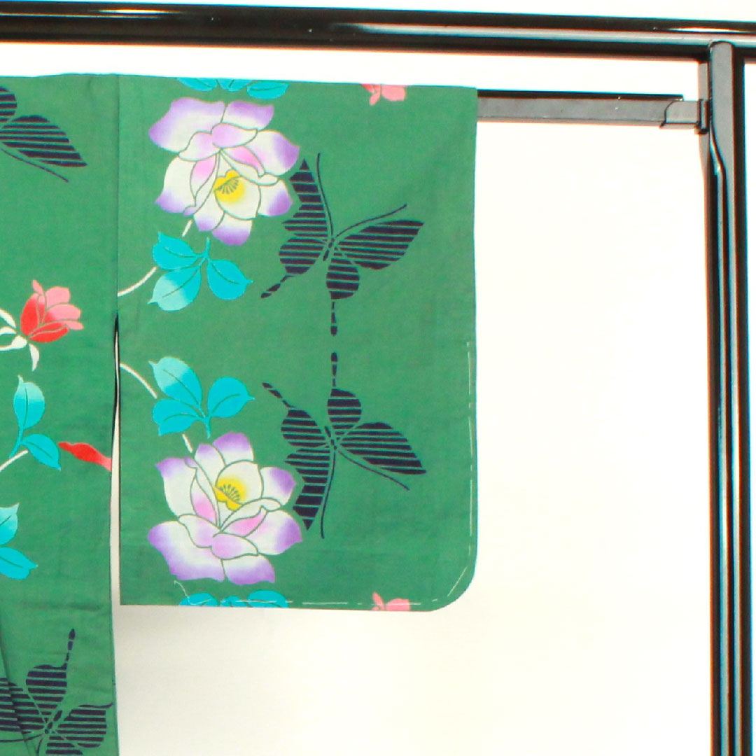 浴衣 萌葱色 薔薇 蝶 木綿 Sランク 単衣 身丈162cm 裄丈64cm 緑系 1118002852419