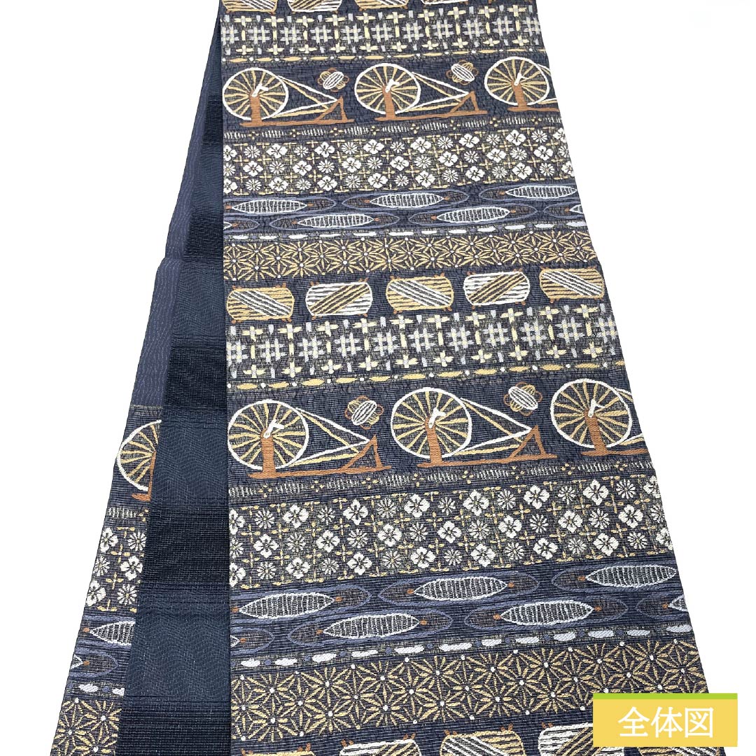 袋帯 正絹 紺滅色(こんけしいろ) 機織り 糸巻き 花模様 帯丈440cm Sランク 六通 カジュアル グレー系 1123013022322