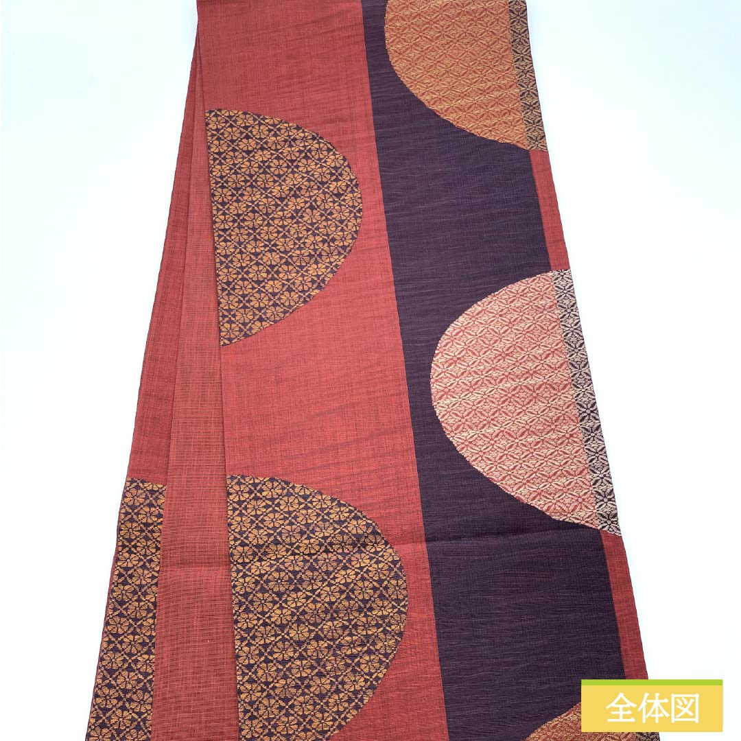 袋帯 正絹 生臙脂色(しょうえんじいろ) 紫烏色色(しうしょくいろ) 丸に七宝 丸に菊 帯丈436cm Sランク 六通 カジュアル 朱系 1123012502316
