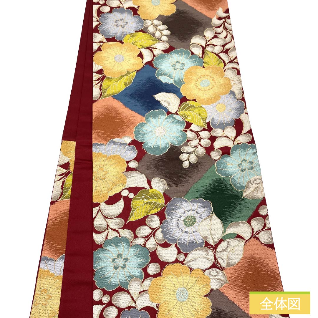 袋帯 正絹 深緋色(ふかきあけいろ) 振袖用 白綾苑大庭 花模様 留袖用 帯丈426cm Aランク 六通 フォーマル 朱系 1123013873316