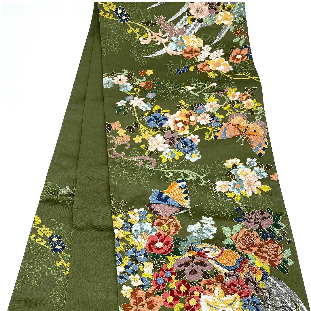 (未仕立)袋帯 松葉鼠色(まつばねずいろ) 白綾苑大庭 尾長鳥 蝶 花模様 帯丈431cm 正絹 Sランク 六通 セミフォーマル 緑系 1123008602319