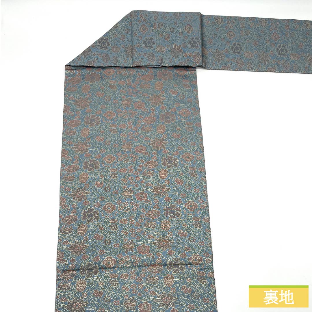 Nagoya Obi, Rust-Light Blue (Sabi Asagiiro) with Floral Pattern, 362cm Long, Pure Silk, S-Rank, Full Length, Semi-Formal, Light Blue, Item Number: 1124008842324, Nagoya Style