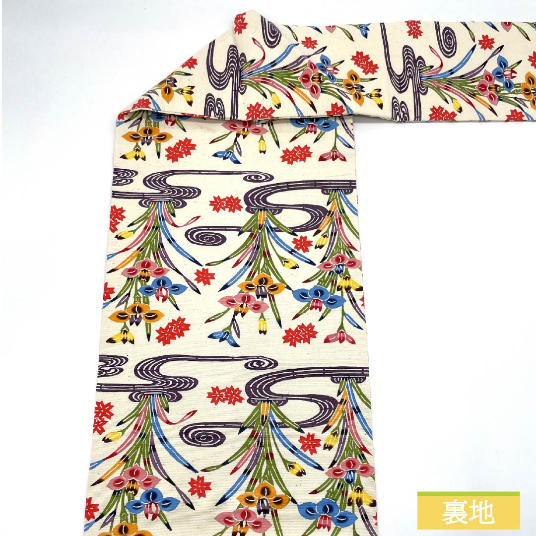 名古屋帯 生成り色(きなりいろ) 琉球紅型 観世流水 杜若 帯丈345cm 正絹 Aランク 全通 カジュアル クリーム系 1124007903315 名古屋仕立て