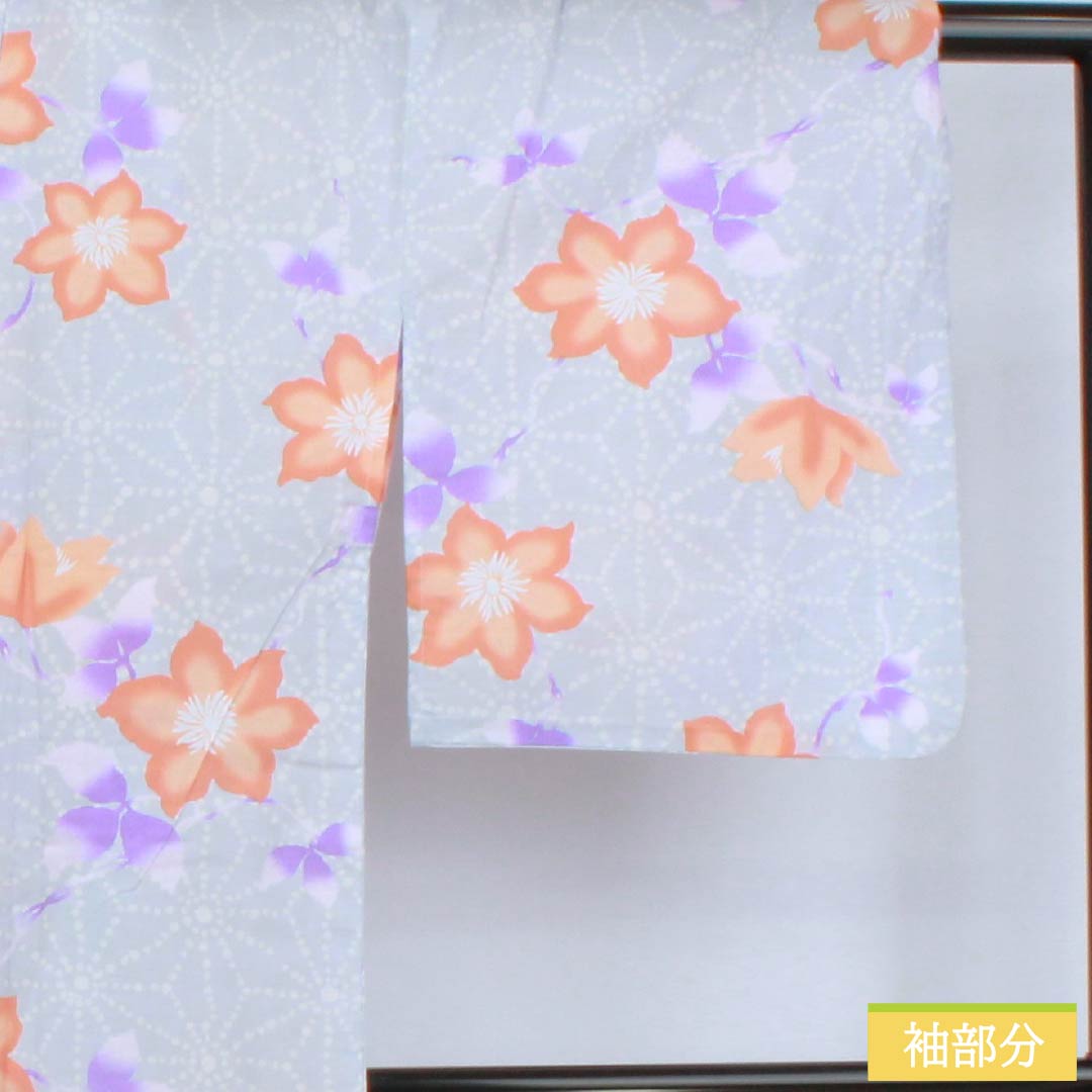 浴衣 木綿 身丈164.5cm 裄丈67.5cm Sランク 単衣 グレー系 白銅色(はくどういろ) 麻の葉 花 1118006522422