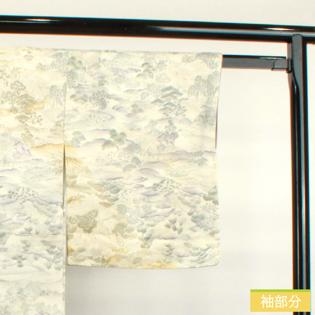 小紋 正絹 身丈159cm 裄丈65.5cm 袷 銀白色 風景模様 しつけ糸付き 未使用品 Sランク グレー系 1115003722322