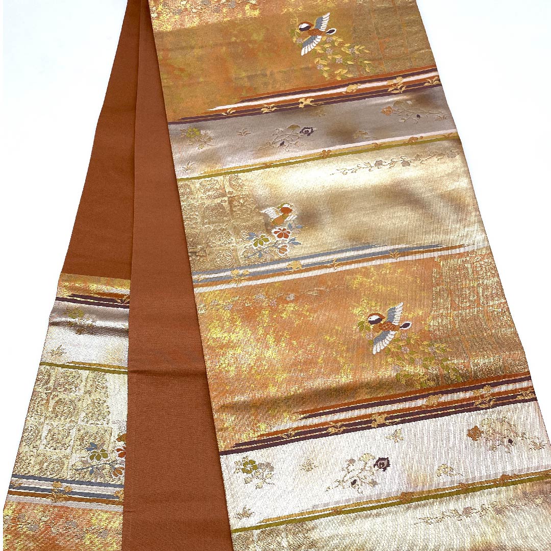 Fukuro Obi (Japanese-style sash) in dark blue with horizontal stripes, phoenix, floral arabesque and butterfly, obi length 430cm, pure silk, A rank, six-pass, semi-formal, gradation style, 1123007963399