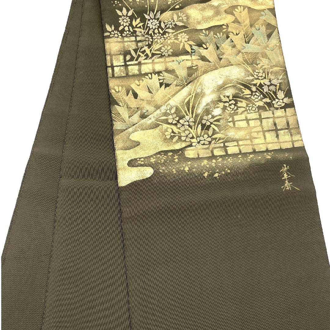 名古屋帯 黒橡色 花模様 作家物 帯丈366cm 正絹 Aランク ポイント柄 セミフォーマル 緑系 1124003813319 開き仕立て