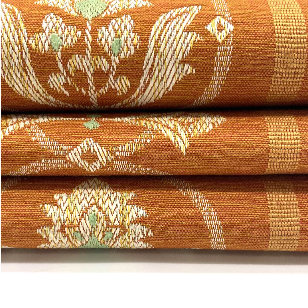(未仕立)半幅帯 木綿 柿色(かきいろ) 更紗模様 抽象模様 植物模様 兵藤織物 帯丈352cm 橙系 Sランク 1125001232326