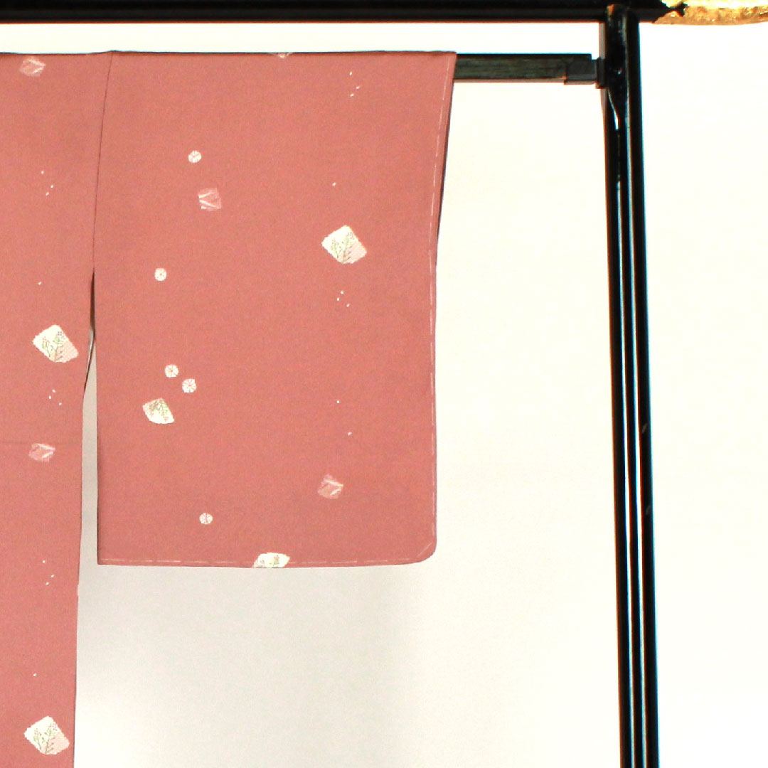 小紋 身丈167cm 裄丈69cm 袷 洗える着物 草花模様 ポリ Sランク ピンク系 1115001612513