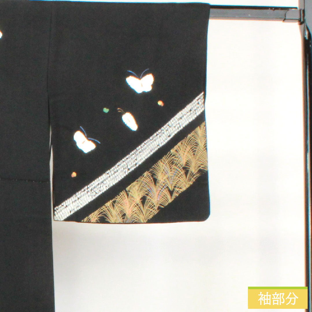 訪問着 正絹 袷 身丈157.5cm 裄丈63.5cm 絞り 蝶 Aランク 黒系 1112004393310
