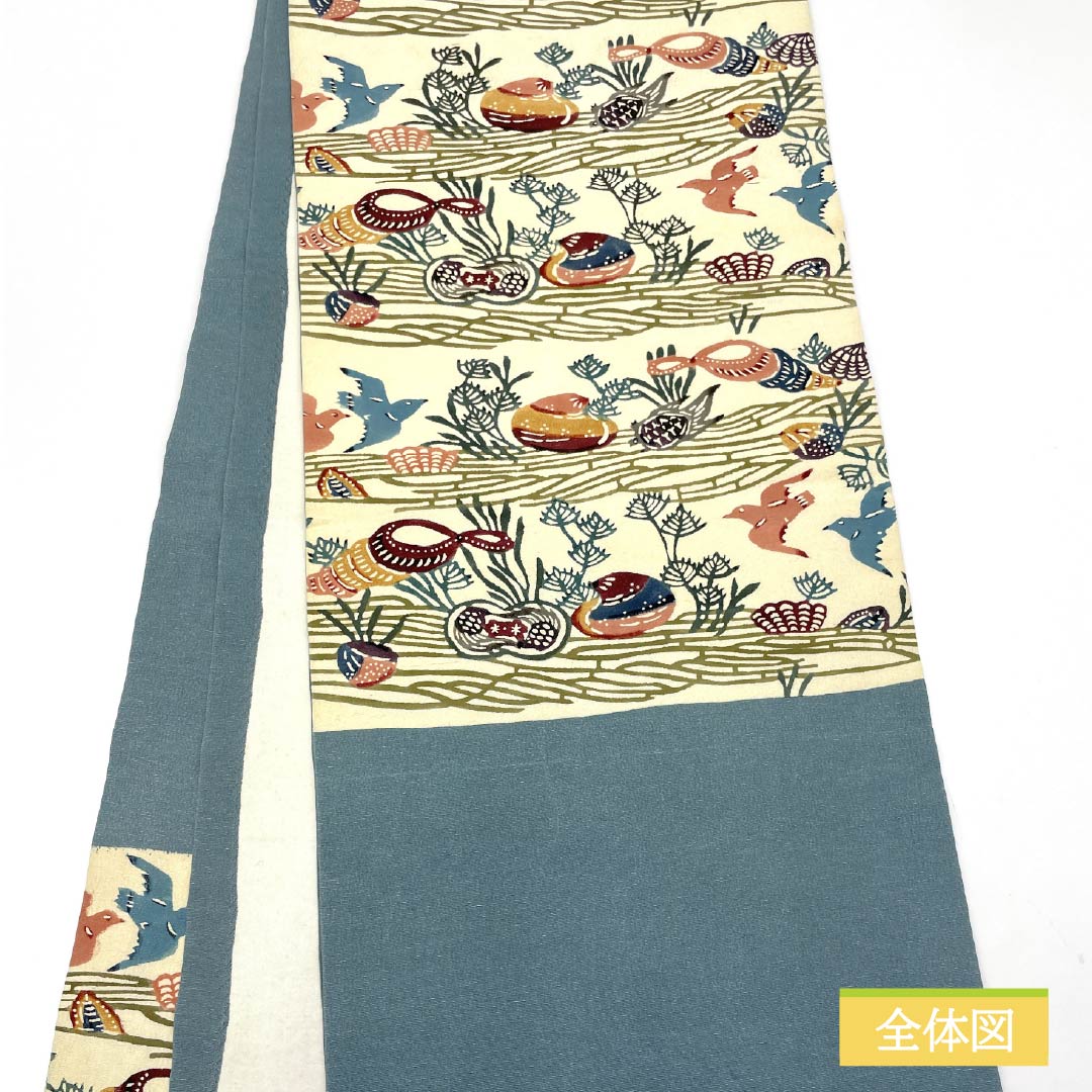 Nagoya obi, natural color, Kyoto Bingata, bird, Bingata-style pattern, obi length 336cm, pure silk, A rank, six-pass, casual, cream-colored, 1124007133315, open-fitting