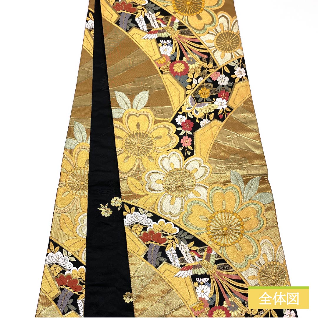 袋帯 正絹 Sランク 古典柄 振袖用 源氏車 鳳凰 桜 帯丈438cm 全通 フォーマル 金系 1123015812321