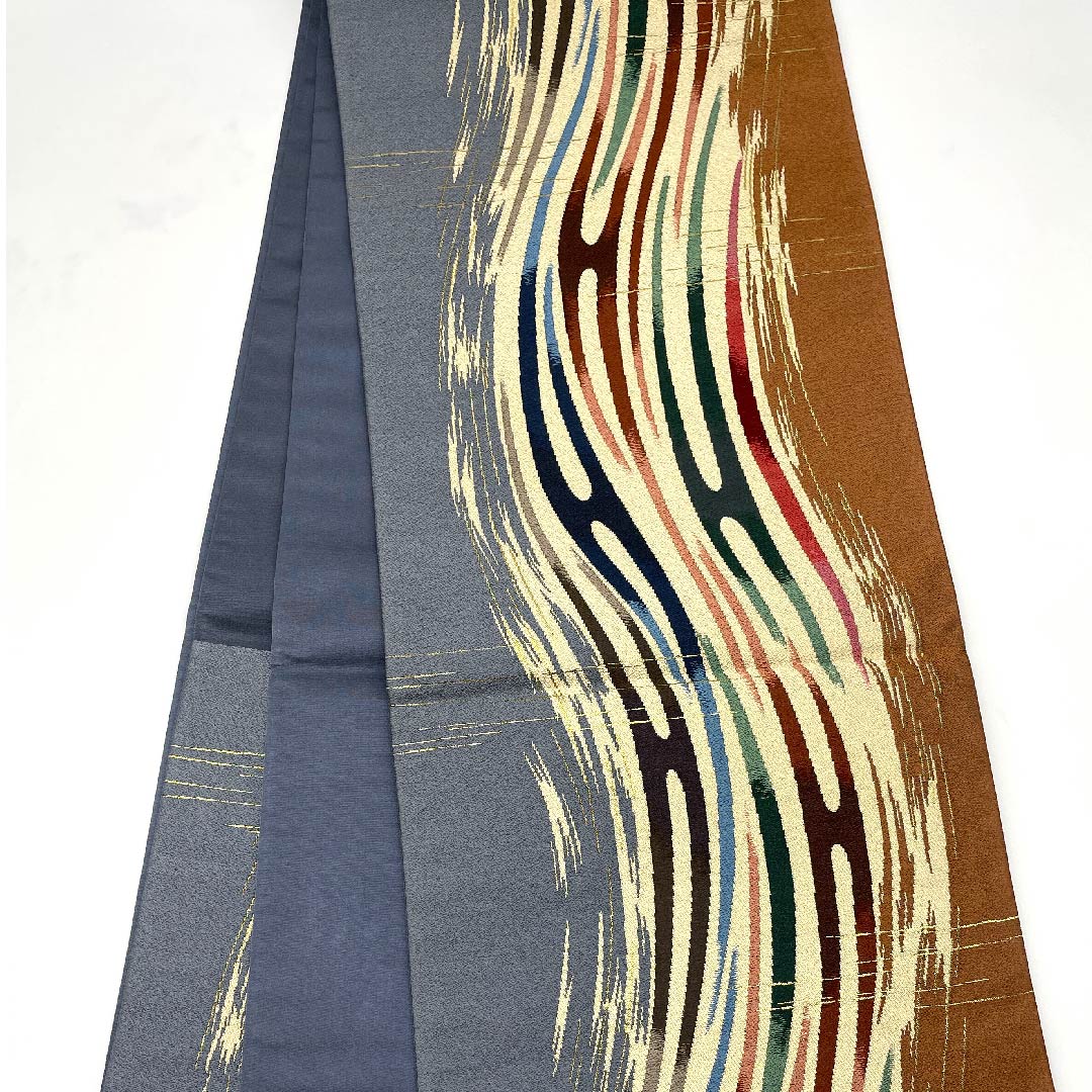 袋帯 赤錆色(あかさびいろ) 白綾苑大庭 幾何学模様 帯丈434cm 正絹 Sランク 六通 カジュアル グラデーション系 1123008802399