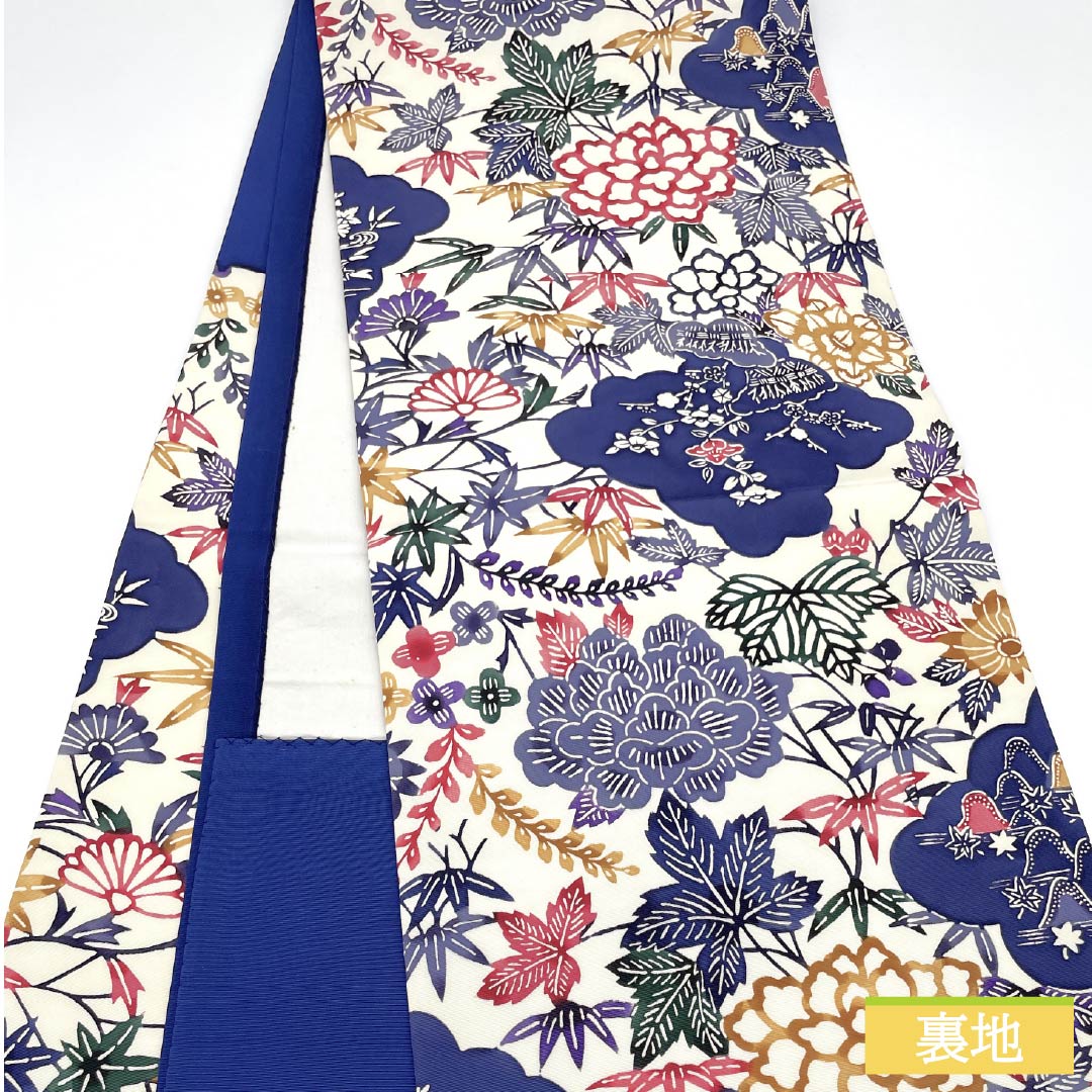 名古屋帯 生成り色(きなりいろ) 京紅型 牡丹 紅葉 帯丈348cm 正絹 Aランク 六通 カジュアル クリーム系 1124006773315 開き仕立て