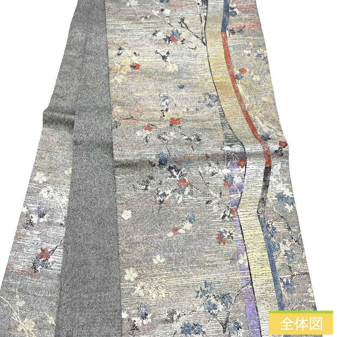 袋帯 空色鼠色(そらいろねずいろ) 紅葉 梅 帯丈444cm 正絹 Sランク 六通 フォーマル グレー系 1123010472322