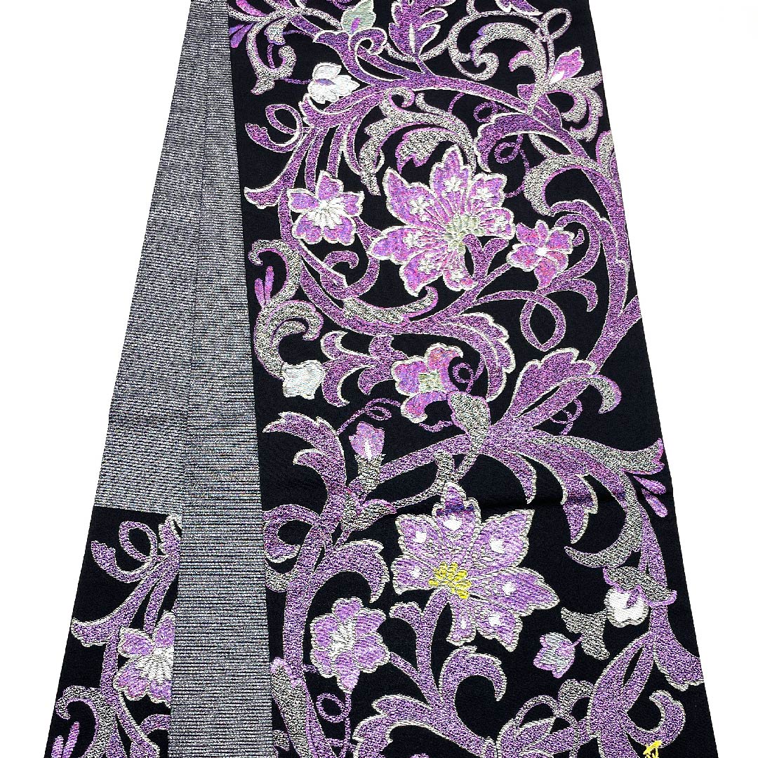 (未仕立)袋帯 黒色 花唐草 藤本隆士 螺鈿作家 西陣京都イシハラ 帯丈472cm 正絹 NEWランク 六通 フォーマル 黒系 1123009061410