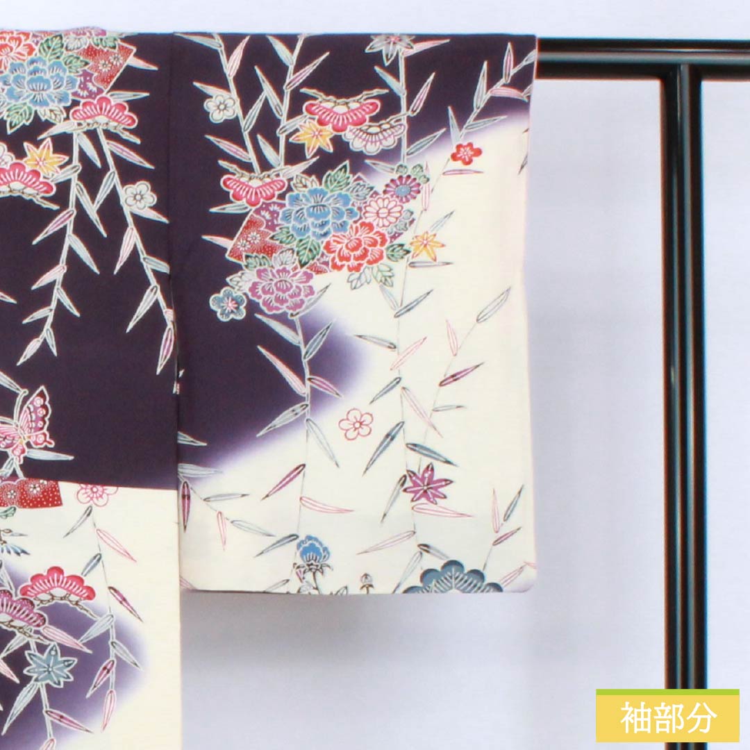 訪問着 正絹 Aランク 袷 身丈155.5cm 裄丈62cm 深紫色(ふかきむらさきいろ) 京紅型 松竹梅 蝶 扇面 菊 紫系 1112006403320