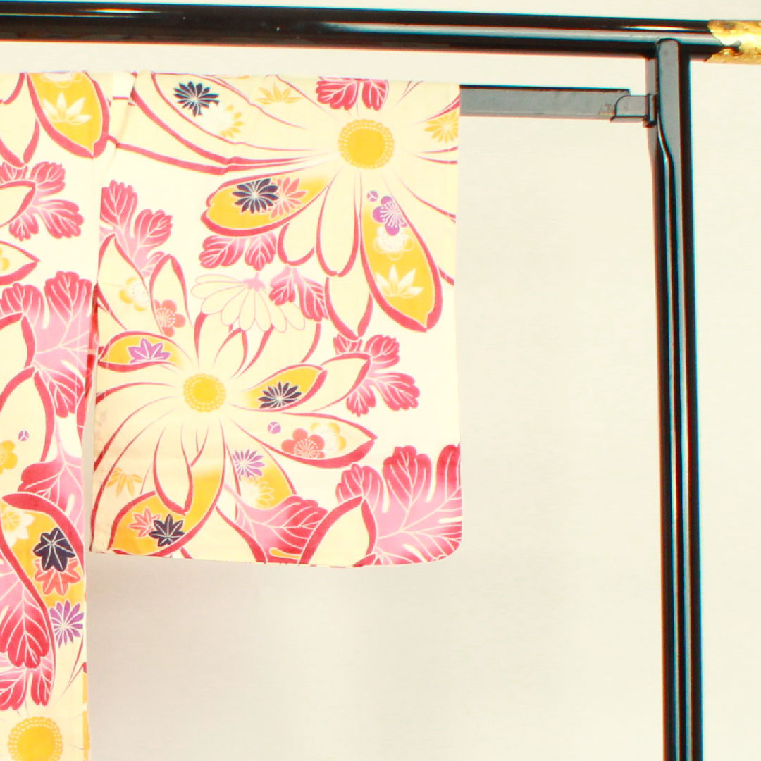 Yukata Flower Pattern Cotton S Rank Single Layer Length 162cm Sleeve Length 65.5cm White 1118001152411