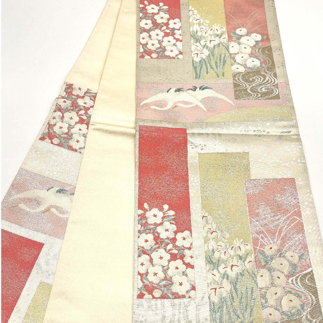 袋帯 胡粉色(ごふんいろ) 古典花 流水 鶴 帯丈428cm 正絹 Sランク 六通 フォーマル 白系 1123002772311