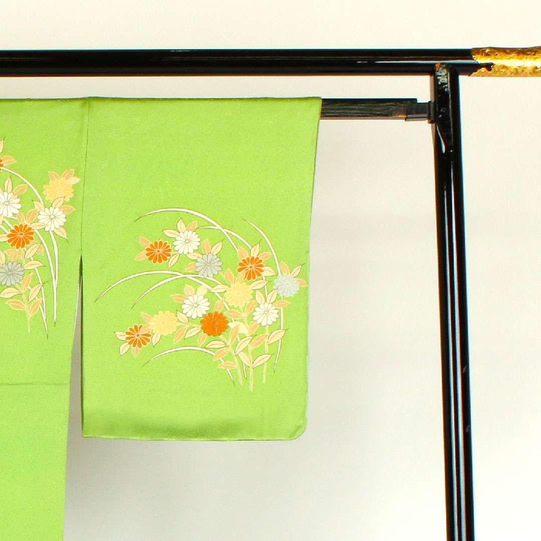 Homongi, lined, length 160cm, sleeve length 64cm, chrysanthemum, pure silk, S rank, green, 1112000332419