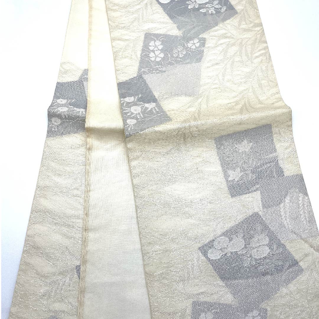 袋帯 生成り色(きなりいろ) 夏帯 桜 藤の花 夏物 帯丈422cm 正絹 Aランク 六通 フォーマル クリーム系 1123007673315