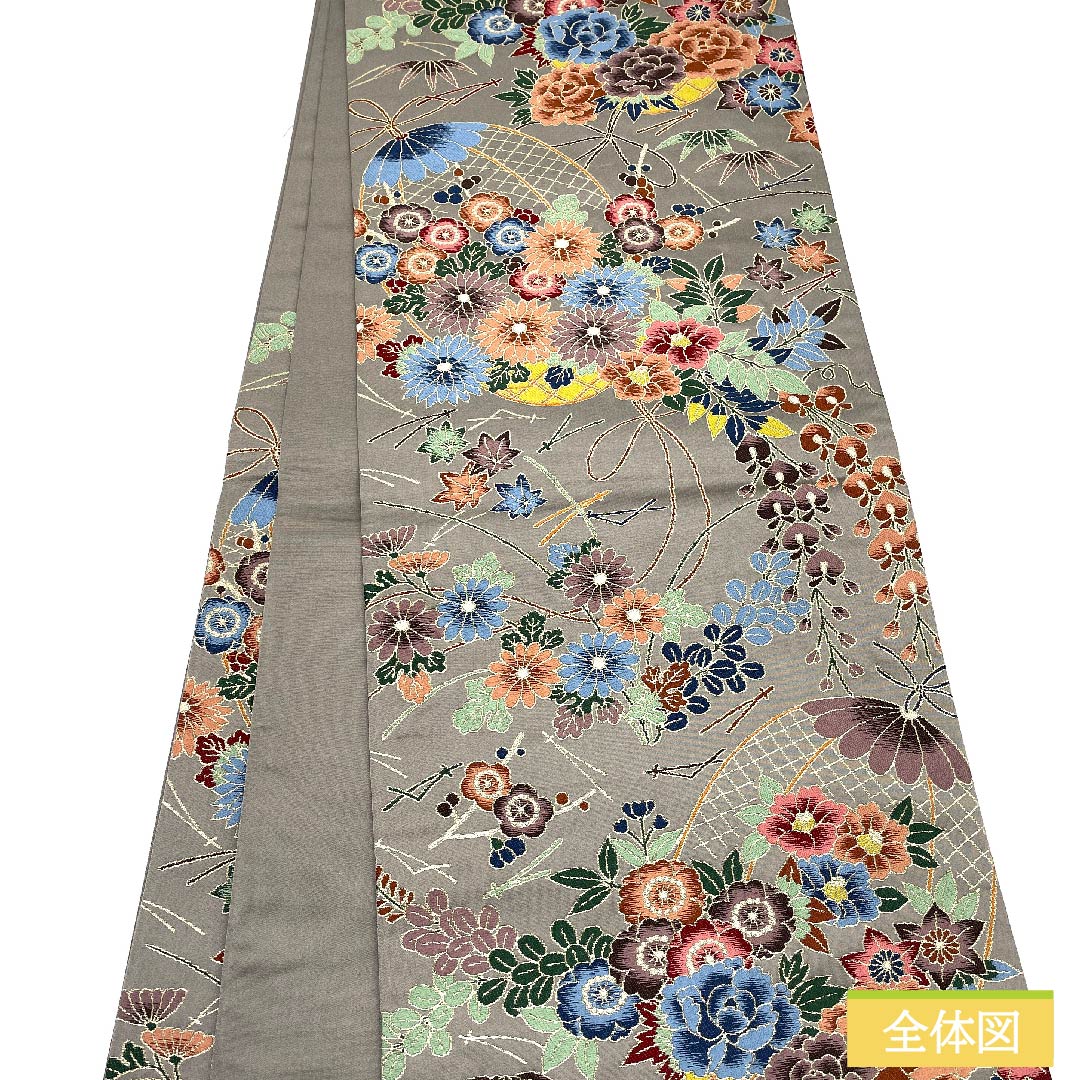 袋帯 正絹 京極生壁色(きょうごくなまかべいろ) 白綾苑大庭 古典柄 花籠 帯丈444cm Sランク 六通 フォーマル グレー系 1123011372322