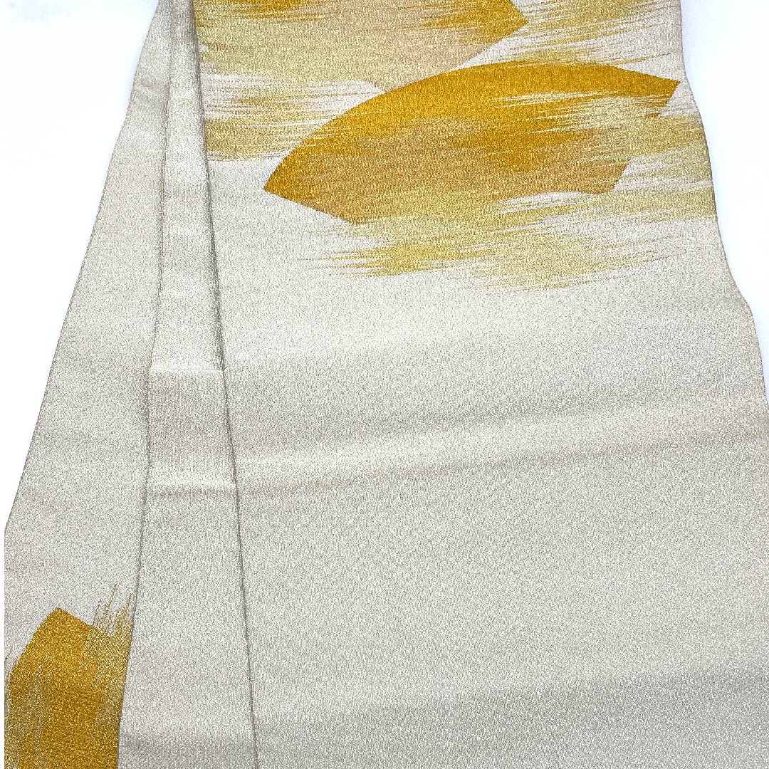 Silver-colored Fukuro Obi, Fan-shaped, Length 414cm, Pure Silk, S-Rank, Pointed Pattern, Formal, Silver-colored, 1123008082322