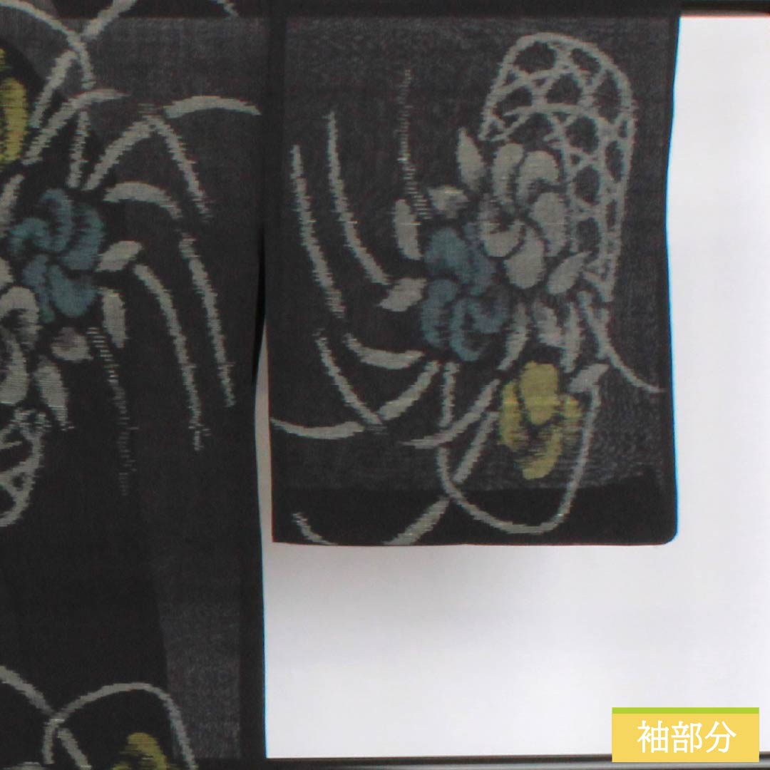Summer Silk Tsumugi Kimono, Length 152cm, Sleeve Length 69.5cm, Flower Basket, Gauze, S Rank, Black, 1132002842210