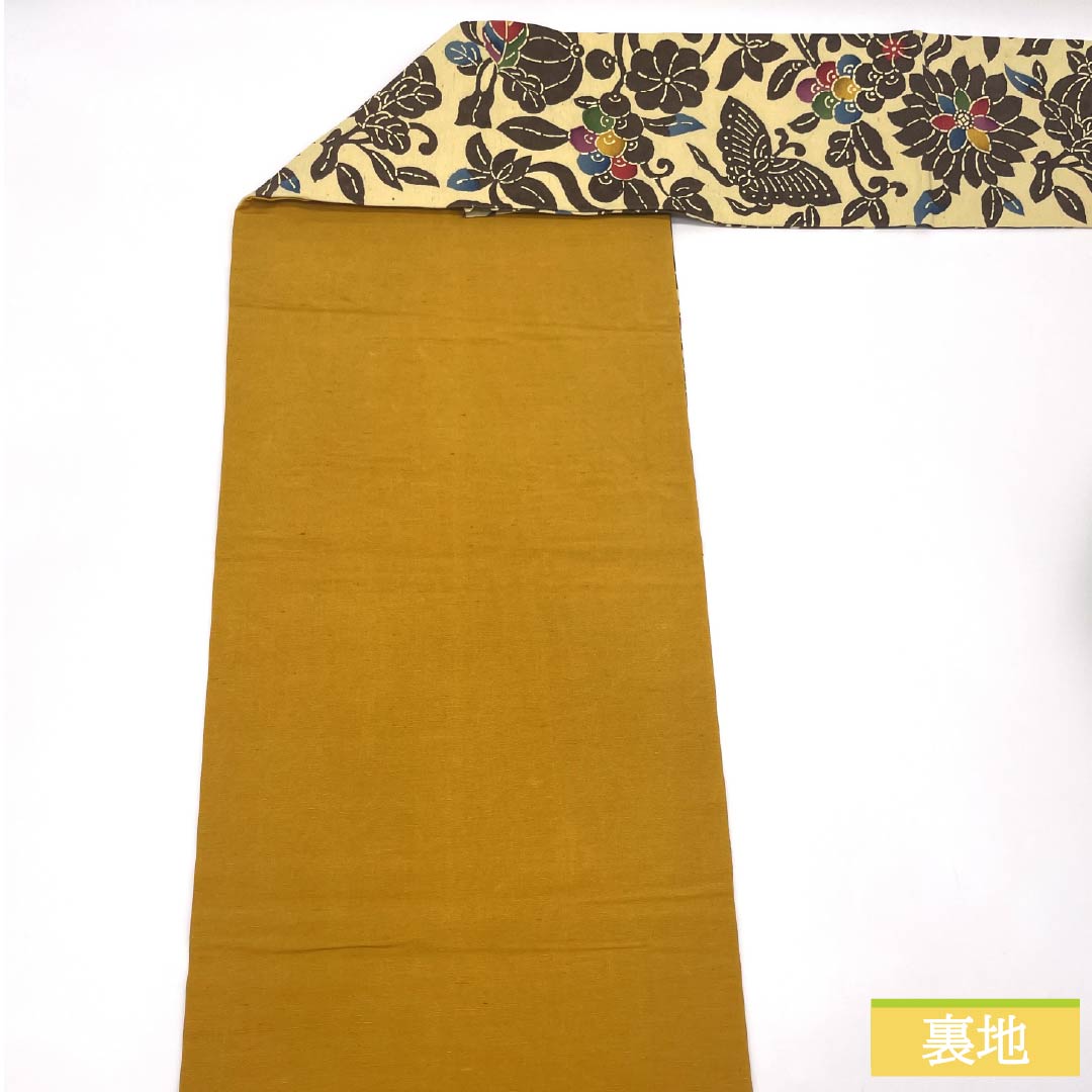 名古屋帯 正絹 Sランク 魚子黄色(ぎょしこういろ) 型染 紅型調 花模様 帯丈360cm 六通 カジュアル クリーム系 1124009672315 名古屋仕立て
