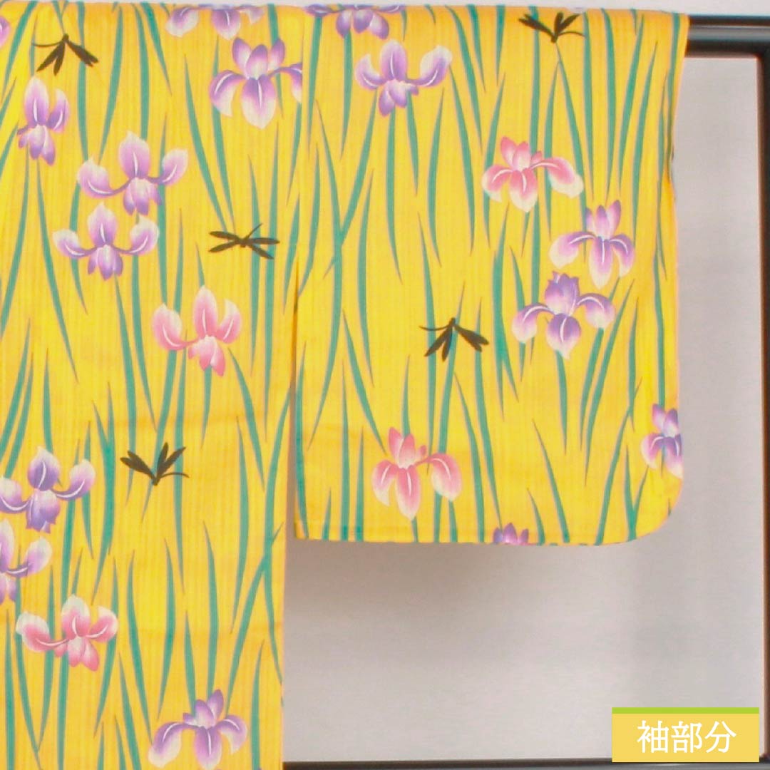 Cotton Yukata, Length 163.5cm, Sleeve Length 66cm, S Rank, Single Layer, Yellow, Kikuchinashiiro (Kikuchinashiro), Iris and Dragonfly Design, 1118006392423