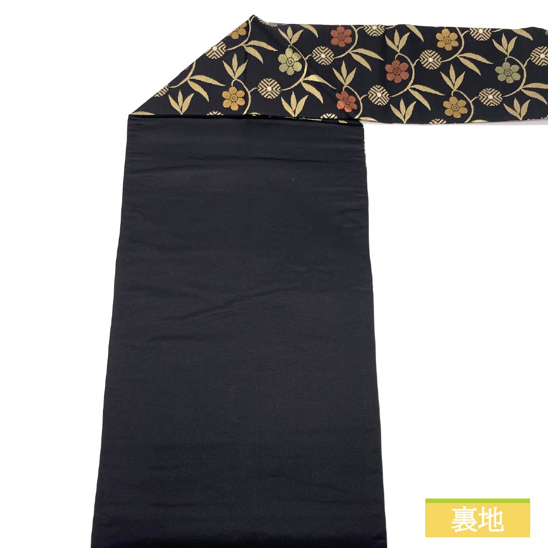 名古屋帯 唐花 帯丈366cm 正絹 Sランク 六通 セミフォーマル 黒系 1124008482310 名古屋仕立て