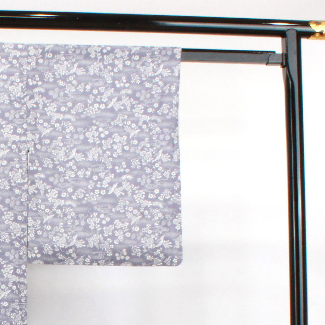 夏物 正絹 小紋 身丈155.5cm 裄丈64cm 相思鼠色(そうしねずいろ) 吉祥文様 鳳凰 菊 絽 Sランク グレー系 1132001832322