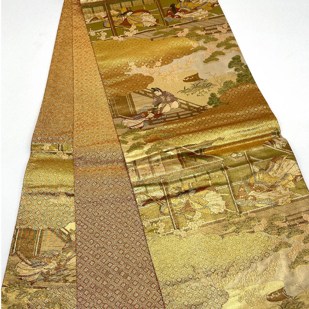 袋帯 金色 源氏物語 松 梅 帯丈424cm 正絹 Sランク 六通 フォーマル 金系 1123005902321