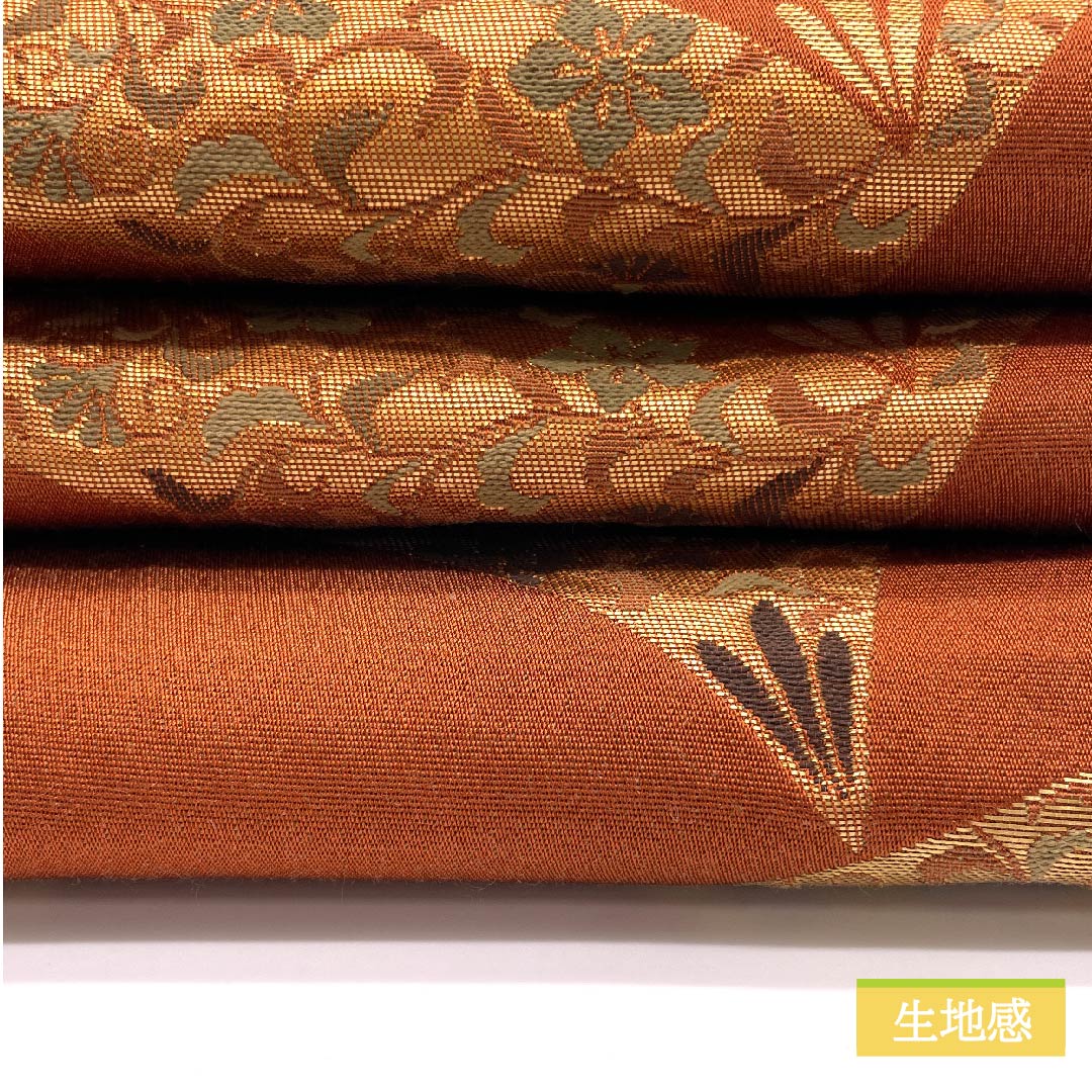 (未仕立)半幅帯 ポリエステル 銀朱色(ぎんしゅいろ) 花唐草 古典柄 植物模様 帯丈356cm 茶系 Sランク 1125001102314