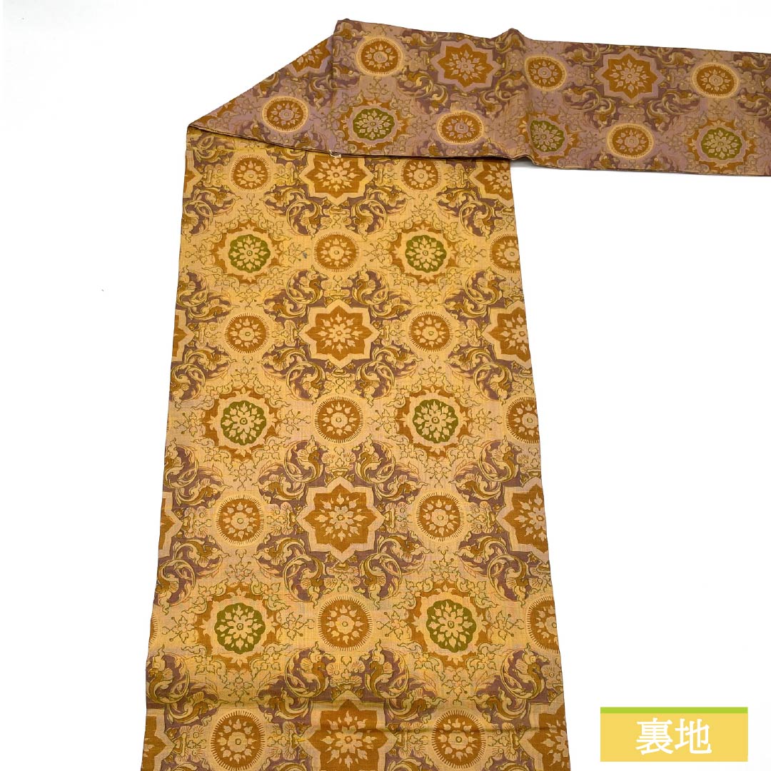 Nagoya obi, dyed obi, pongee fabric, floral pattern, obi length 380cm, pure silk, S rank, full length, casual, gold, 1124007822421, Nagoya style