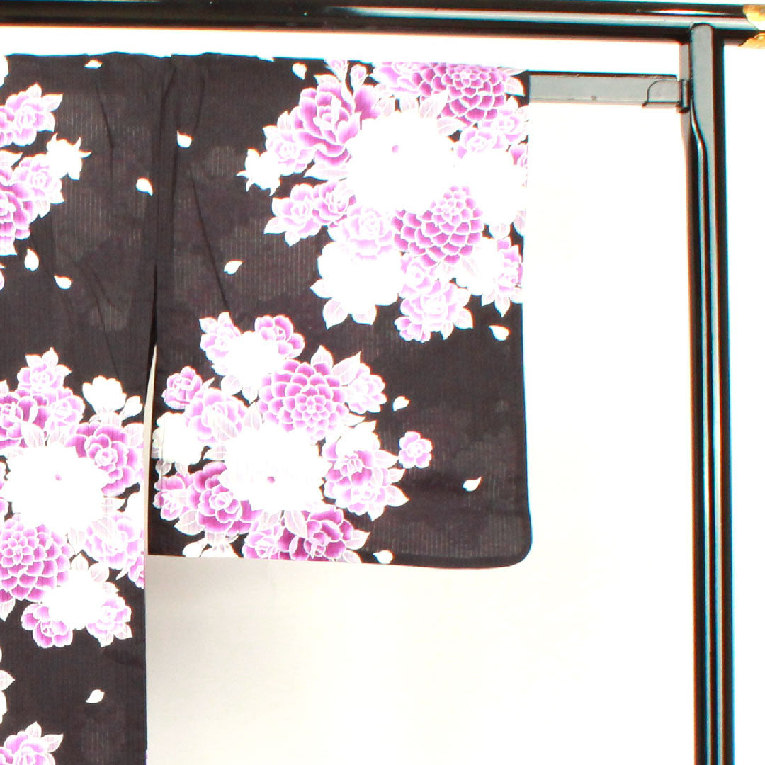Yukata, Chrysanthemum, Rose, Cotton, S Rank, Single Layer, Length 165.5cm, Sleeve Length 66.5cm, Black, 1118001372510