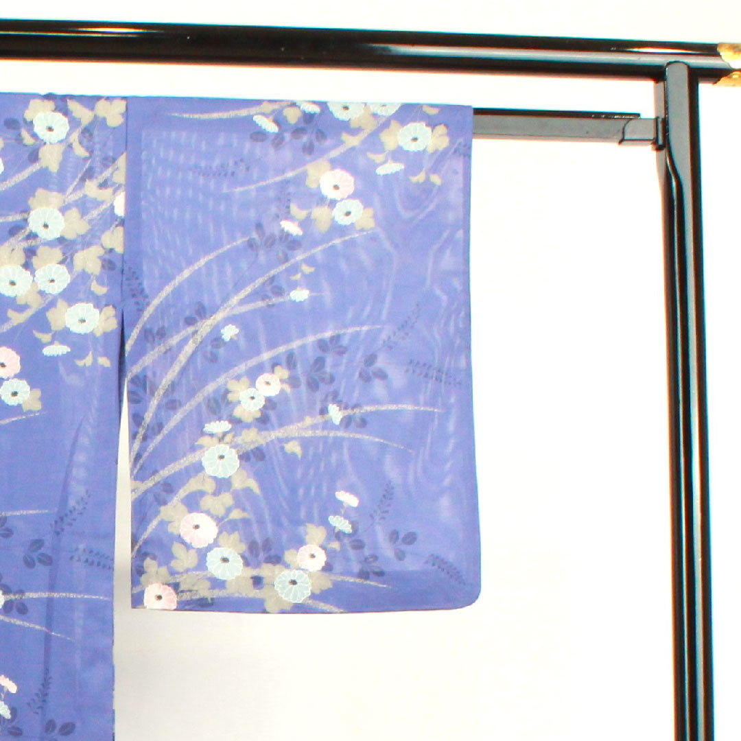 Summer kimono, polyester, small pattern, length 164cm, sleeve length 64cm, dark blue, chrysanthemum, bush clover, washable kimono, silk, S rank, blue, 1132001742417