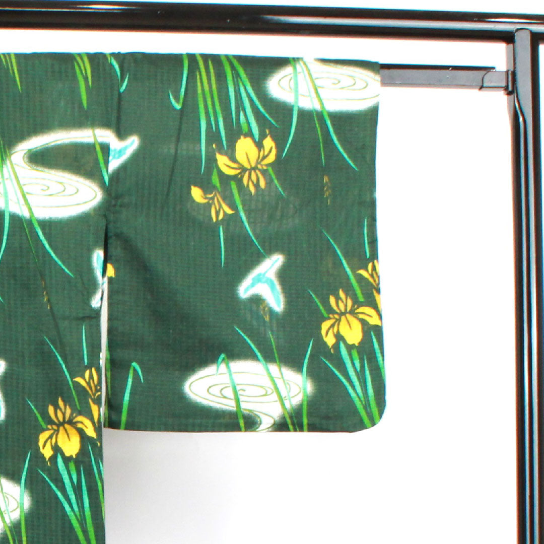 浴衣 黒緑色 菖蒲 トンボ 木綿 Sランク 単衣 身丈165.5cm 裄丈67.5cm 緑系 1118003832519