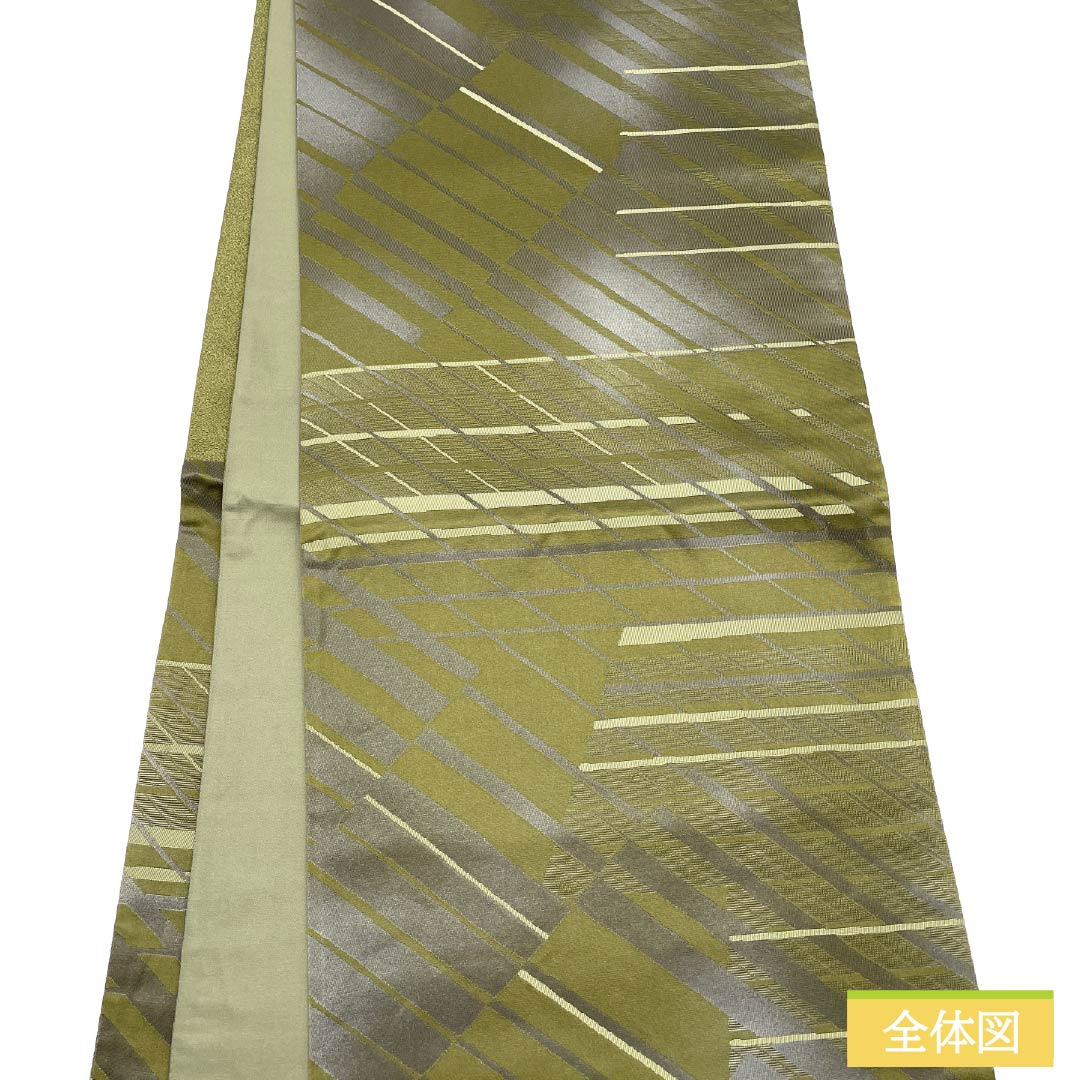 袋帯 正絹 麹塵色(きくじんいろ) 幾何学模様 帯丈432cm Sランク 六通 セミフォーマル 緑系 1123012242319
