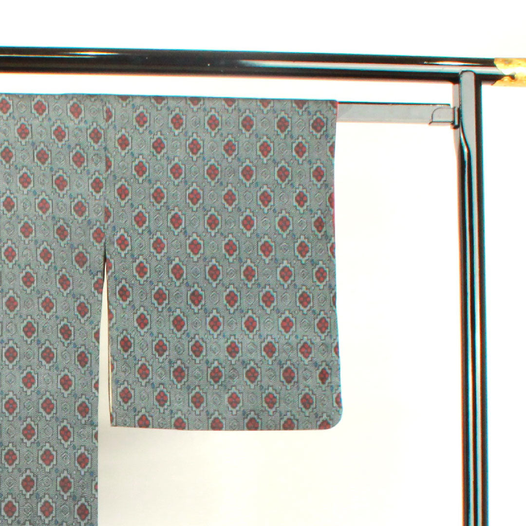 村山大島 身丈154cm 裄丈63cm 幾何学模様 正絹 Aランク 袷 紺系 1116002133218