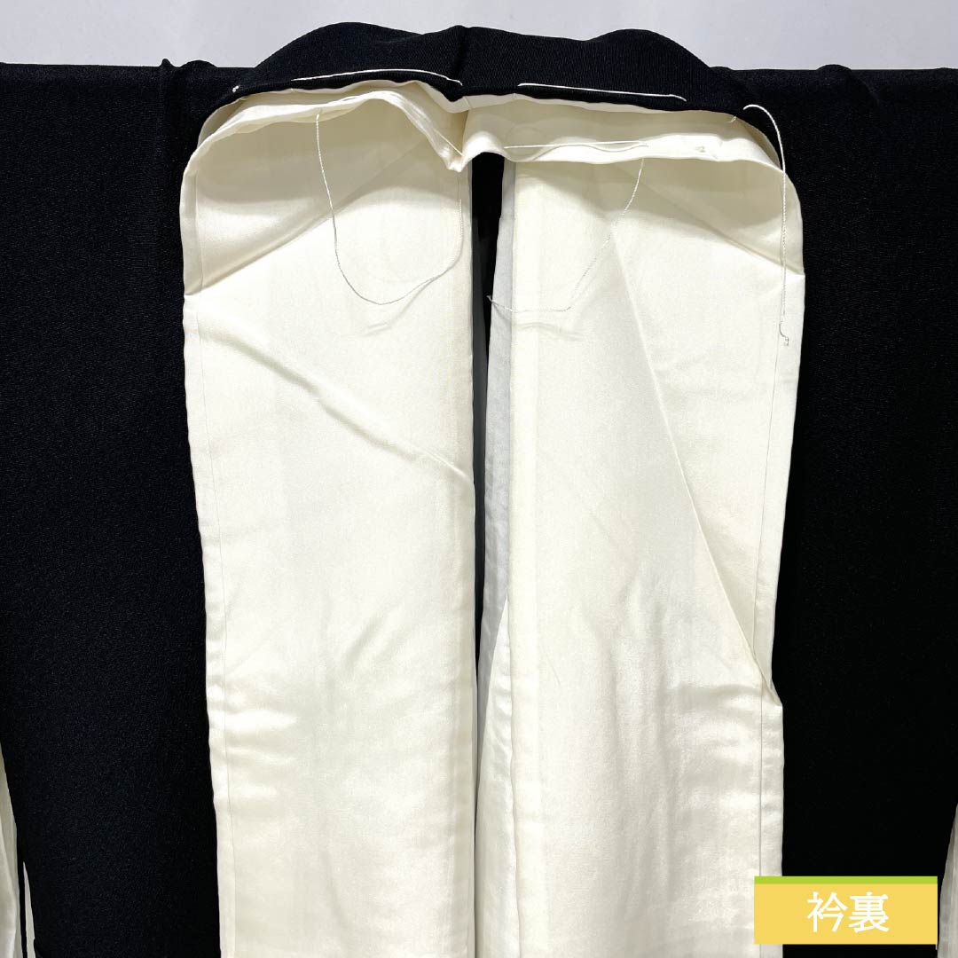 黒留袖 正絹 Aランク 身丈159.5cm 裄丈64cm 袷 京友禅 扇面 草花模様 雀 五つ紋 違い鷹の羽 比翼付き 五つ紋 黒系 1111002313310