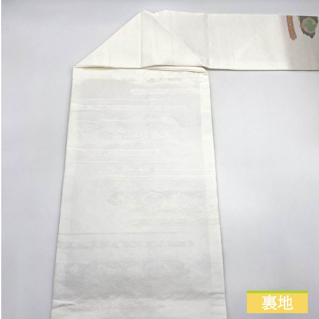 名古屋帯 ポリエステル Sランク 古典柄 横段調 唐花 帯丈372cm ポイント柄 セミフォーマル 白系 1124010792311 名古屋仕立て