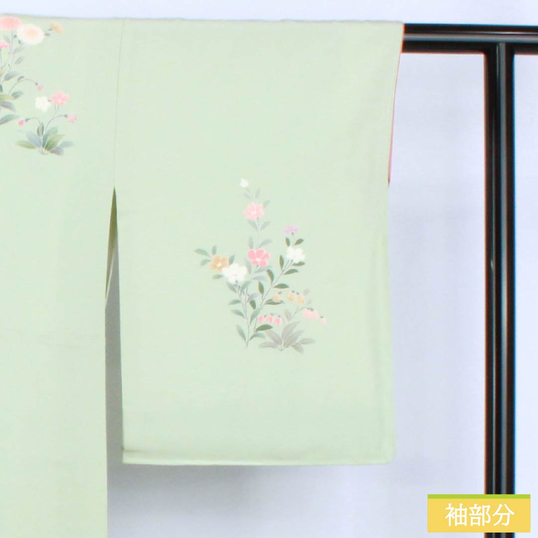 訪問着 正絹 Bランク 袷 身丈165cm 裄丈65.5cm 薄緑色(うすみどりいろ) 花 作家物 周市 しつけ糸付き 緑系 1112006974519