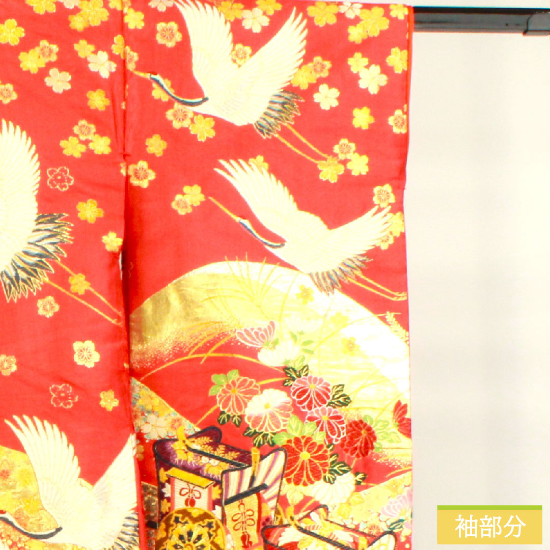 Colored uchikake, pure silk, length 188.5cm, sleeve length 67cm, crimson, Imperial carriage, auspicious motif, S rank, lined, red, 1110000792912