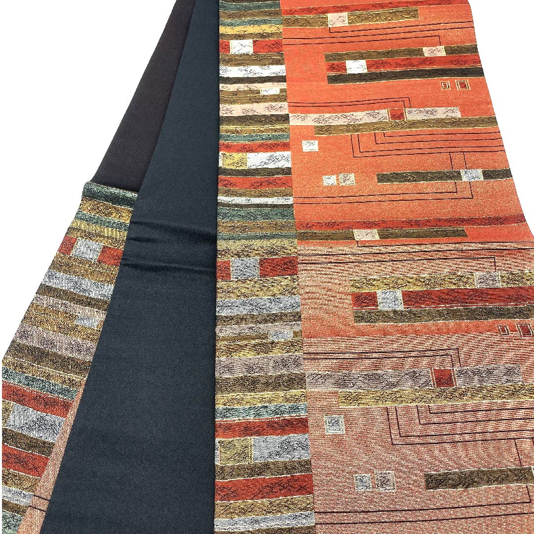 袋帯 牛血紅色(ぎゅうけつこういろ) 横段 幾何学模様 帯丈442cm 正絹 Sランク 六通 セミフォーマル 朱系 1123002752316