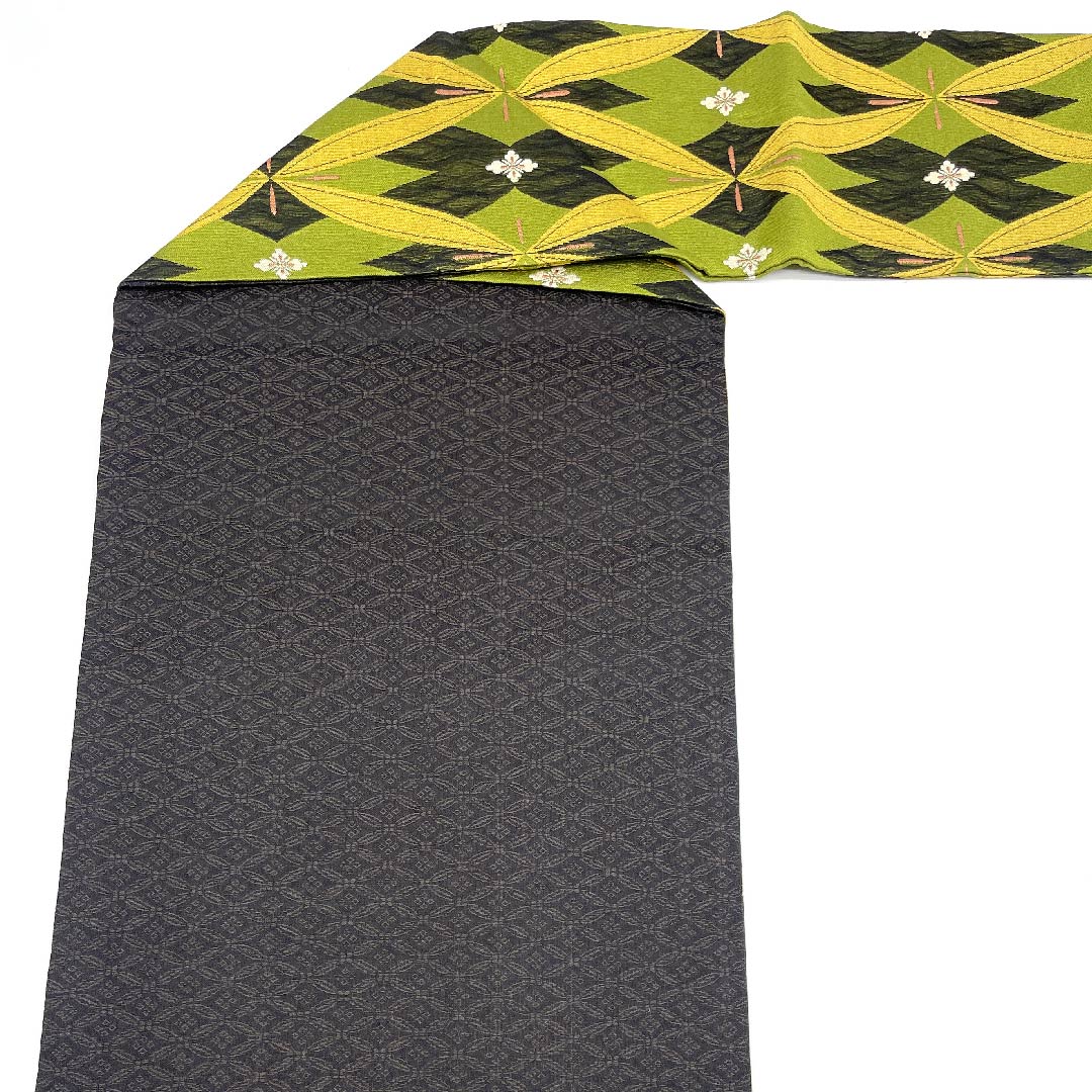 名古屋帯 草色 櫛織 変わり七宝 帯丈384cm 正絹 美品 六通 カジュアル 緑系 1124004002319 名古屋仕立て