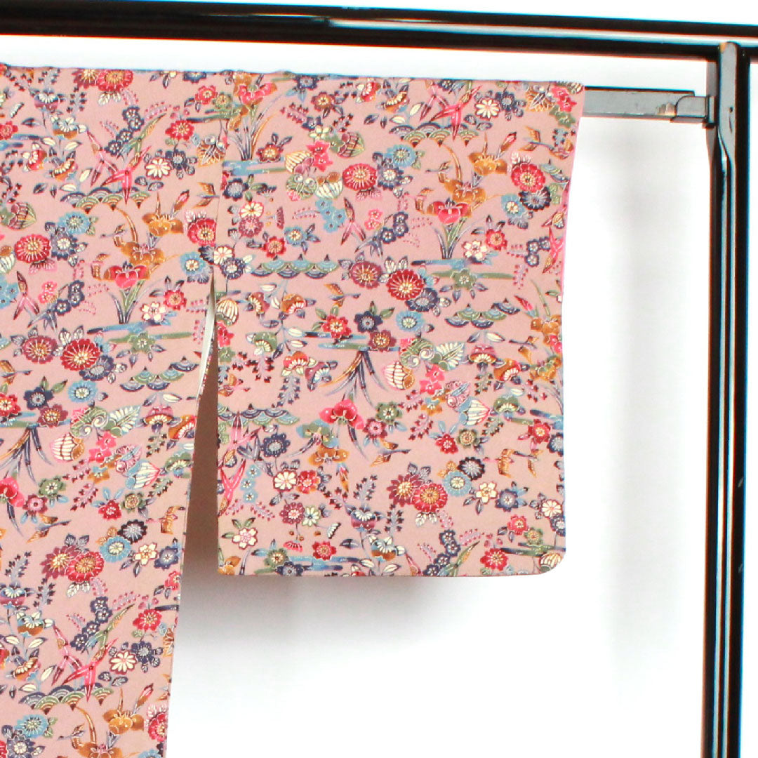 小紋 身丈159.5cm 裄丈64.5cm 袷 銀煤竹色 型染 草花模様 正絹 Sランク 朱系 1115002212316